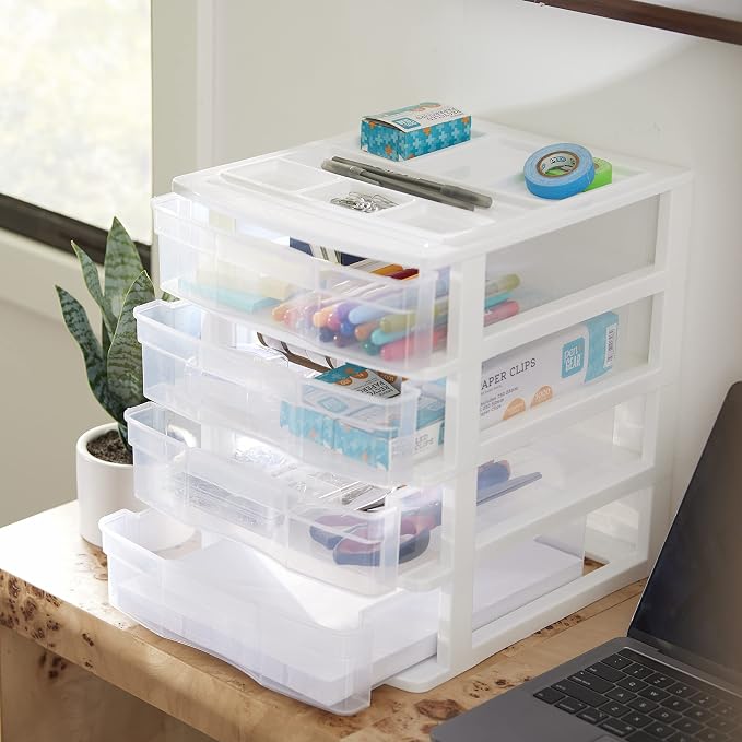 Gracious Living Drawer Organizer, 4-Tier Plastic Storage Desktop Drawers, White Frame - Stackable Clear Desk Containers & Organizers for Shelves, Bathroom, Closet, Kitchen Pantry & Office Organization - Image 9