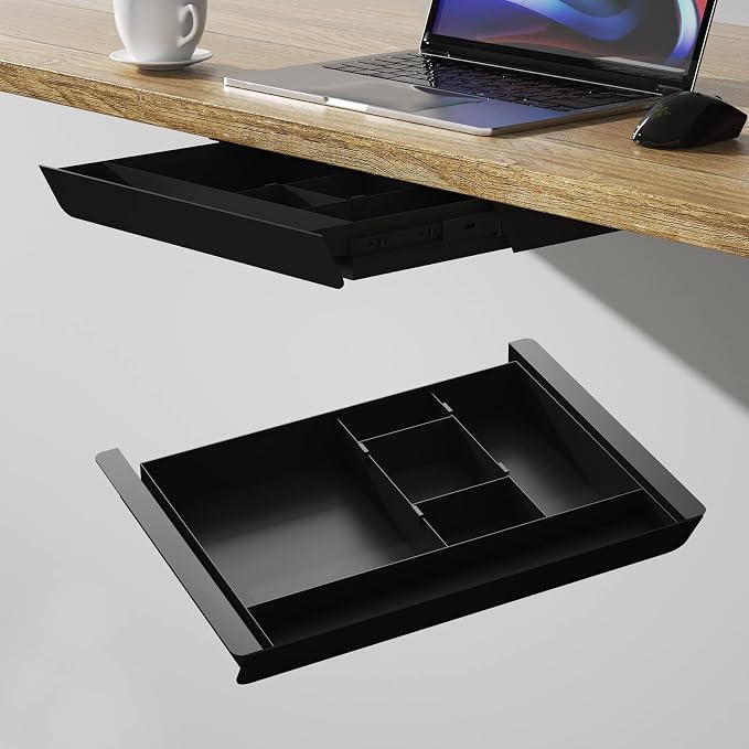 Under Desk Mounted Sliding Pull-out Drawer with Pencil Tray and Slide Storage Tray, 17'' long & 13.5'' deep Large Storage Organizer for Sit Stand Workstation - Image 7