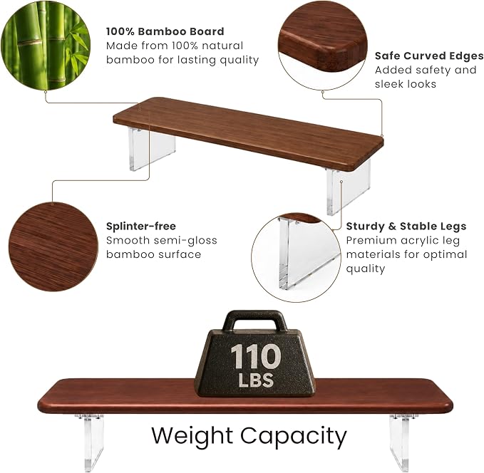 Bamboo Monitor Riser, Wide Desktop Monitor Stand for Desk with Clear Acrylic Legs, 31.5 x 8" Bamboo Wood Shelf, Fit Keyboard, Home Office Workspace Accessories,Study Stationaries Storage (Dark Brown) - Image 6