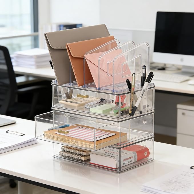 LALOBLUE Acrylic Desk Organizer with 4-Vertical File Holder Rack, 3-Clear Drawer and 2 Pen Holders, Desktop Storage for Office Desk Accessories School Classroom Organization (Clear) - Image 9