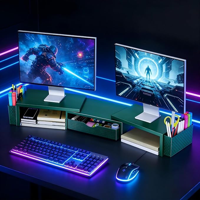 Spacrea Metal Desk Organizers and Accessories, Dual Monitor Stand Riser with Drawer and 2 Pen Holders, Desk Accessories & Workspace Desktop Organizers for Office Supplies (Dark Gree) - Image 7