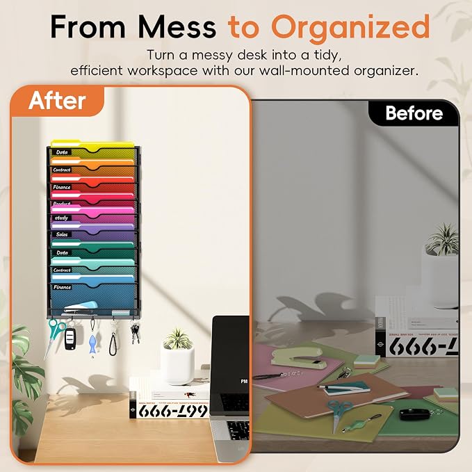 10-Tier Wall File Organizer with Hook, Hanging File Organizer Black | Wall-mounted mail storage holds papers, folders, files, clipboards and magazines, assembly required for office or home use. - Image 6