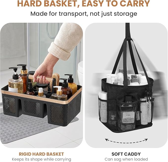 BYUNER Plastic Shower Caddy Dorm: Portable Hard Shower Basket with Handle, 4 Divided Compartments, All-Side Drainage, Bathroom & Cleaning Caddy for College Dorm Room Essentials, Black/wood grain - Image 9