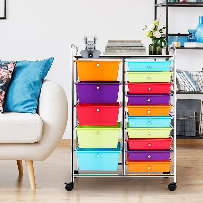 COSTWAY 15 Drawer Rolling Storage Cart, Mobile Storage Organizer | Removable Drawers & Metal Frame, Multipurpose Utility Tools Paper Organizer on Wheels for Home, Office (Multi-color) - Image 9