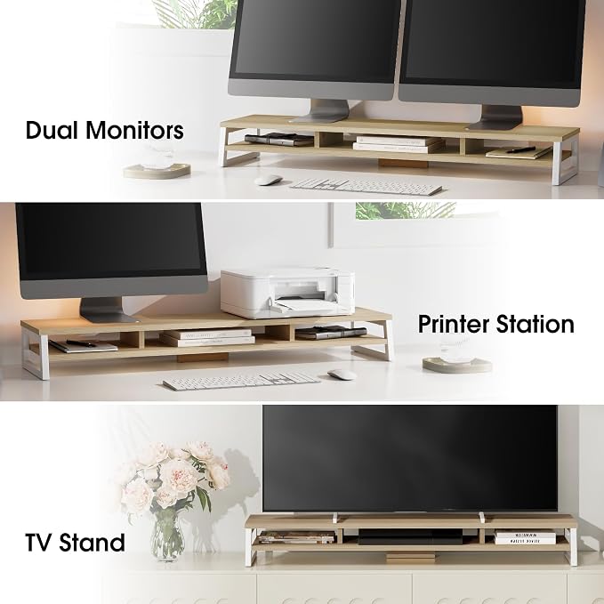 Fenge Dual Monitor Riser for Desk, Open Shelf with 3 Storage Compartments | 42.5in Computer Monitor Stand, 2-Tier Desk Shelf for Top of Desk,One-Piece Panel, fit Ultrawide Monitor, PC, Laptop, Oak - Image 9
