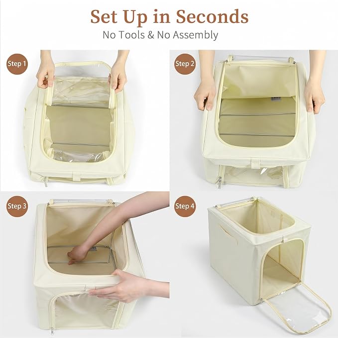 GoMaihe Clothes Storage Bins with Metal Frame for Closet, 40L 4-Pack Beige | Sweaters Hoodies Jeans T-Shirt, Closet Top Shelf Organizer, Collapse-Proof Stackable, Clear Window, Dual Access Space Saving - Image 8