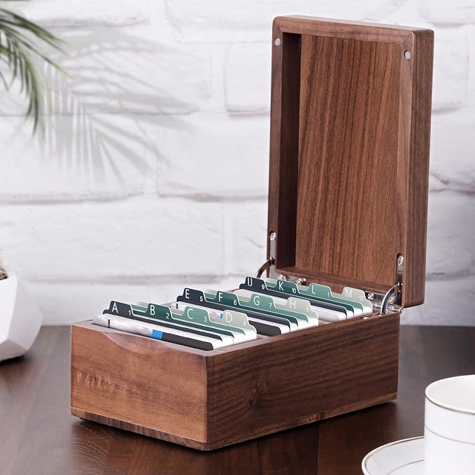 MaxGear Walnut Wood Business Card Organizer for 2.2" x 3.5" Cards | Business Card Holder for Desk, Index Cards Box Holds 300 Cards, Includes A-Z Tabs, Desktop Organizers for Office, Home - Image 8