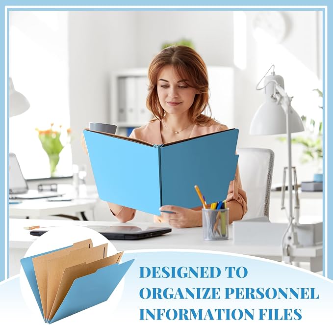 Skyygemm 12 Pcs Classification Folders 3 Pocket Dividers Letter Size Employee File Folder with 2 Prong Fasteners 2 in Expansion Pressboard Medical Document Organizers Bulk for School Office(Blue) - Image 6