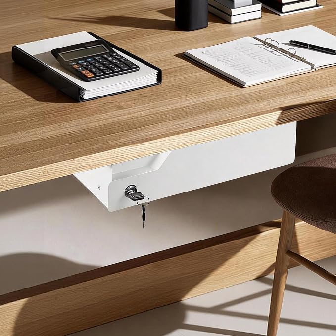Under Desk Drawer Storage with Lock, Metal Undermount Table Drawer, Ball Bearing Slides Out Tray Organizer for Paper, Pencil, and Laptop 16"x11.8"x3.6", White - Image 9