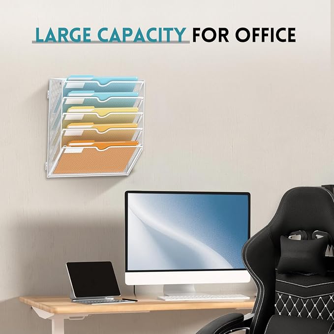 5 Tier Wall File Organizer, Hanging Wall Mounted Mail Organizer with Label Slots, Metal Mesh File Holder Magazine Rack for Office, Home, School or Classroom, White - Image 6