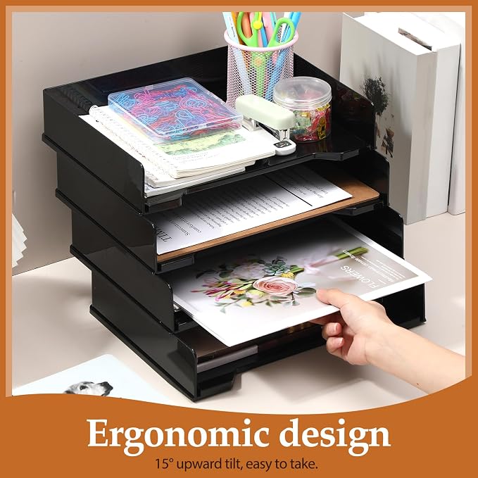 DoubleFill 8 Pcs Stackable Letter Tray Rectangular Plastic Desk Organizer 13 x 9.5 x 2.6 in Paper Holder File Tray Accessories Rack for Desktop Office Desk Drawers (Black) - Image 6