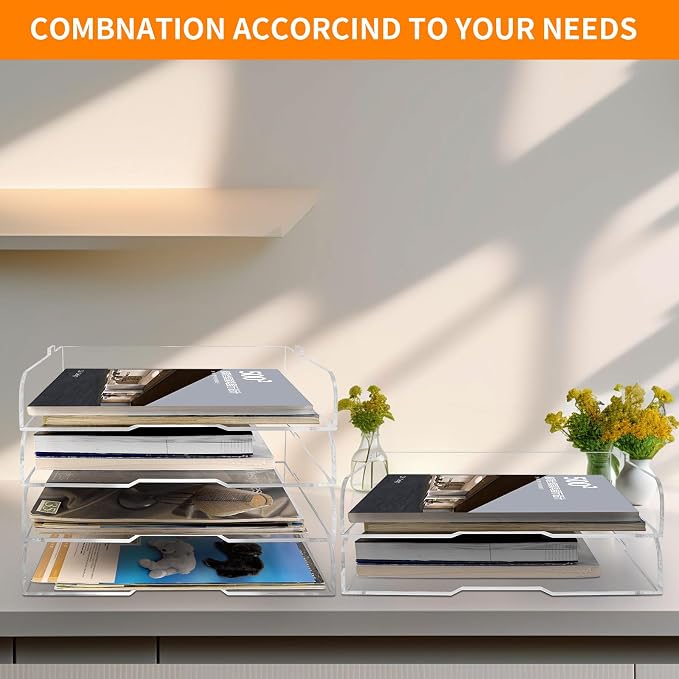 2 Pack- Stackable Paper Letter Tray,Clear Acrylic Magazine Holder and File Organizer - Sleek Desk Organizer for Home Office, Bookshelf, or Workspace - Space-Saving Transparent Document Holder - Image 7