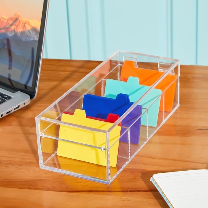 Mooliwe Index Card Holder Clear Acrylic Card Organizer 50 Pcs Divider Sheets for Desk File Note Holders, 4 Compartments Holds 600 Cards(2.2 x 3.5 Inch) - Image 6