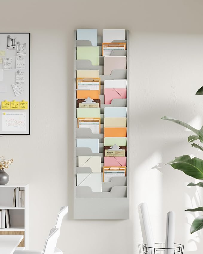 OSKIE Wall-Mount File Organizer, 16 Pockets Document Holder, Metal Construction, Gray White Powder-Coated, 14x3x46H inches - Image 7