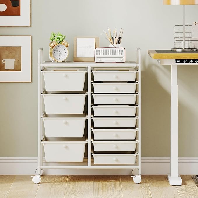 COSTWAY 12 Drawer Rolling Storage Cart, Utility Cart with Metal Frame | Mobile Art Supply Craft Organizer, Multipurpose Storage Organizer for Paper, Office, School Teacher, Classroom, White - Image 9