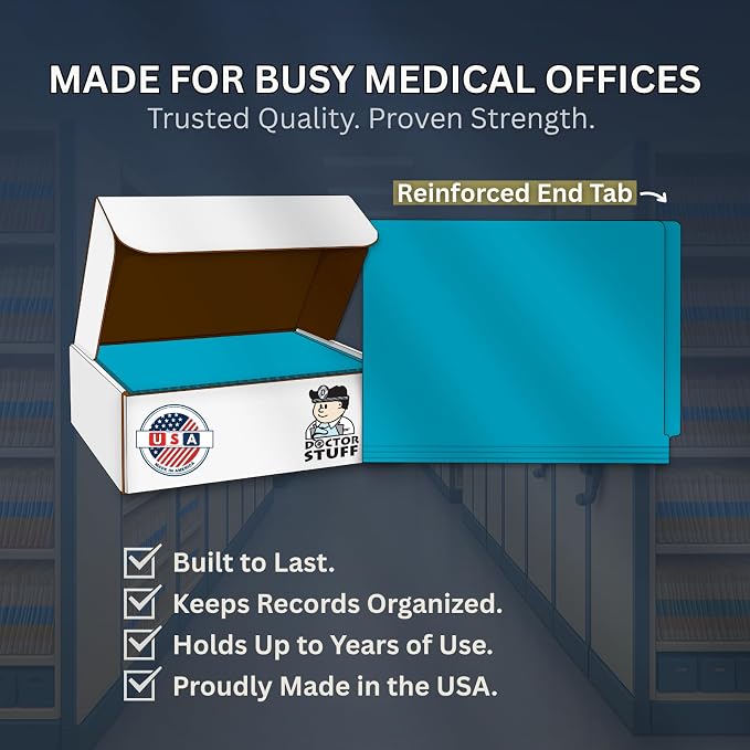 Teal File Folders, Doctor Stuff, Letter Size Reinforced End Tab Folder with 2" Bonded Fastener on Inside Back, 14 pt Stock, Box of 50 - Image 9