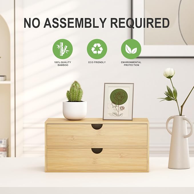 Bamboo Desk Organizer with Drawers, Desktop Storage Box for Office Supplies | 2 Drawers Desktop organizer, No Assembly Required, Natural Wood Wooden Desktop Drawers for Bills, Cosmetics, Seals, Paper - Image 6