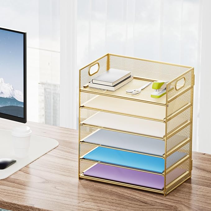 Marbrasse Paper Letter Tray Organizer - 6 Tier Mesh File Organizer with Handle, Paper Sorter Organizer for Letter/A4 Office File Folder Holder - Gold - Image 6