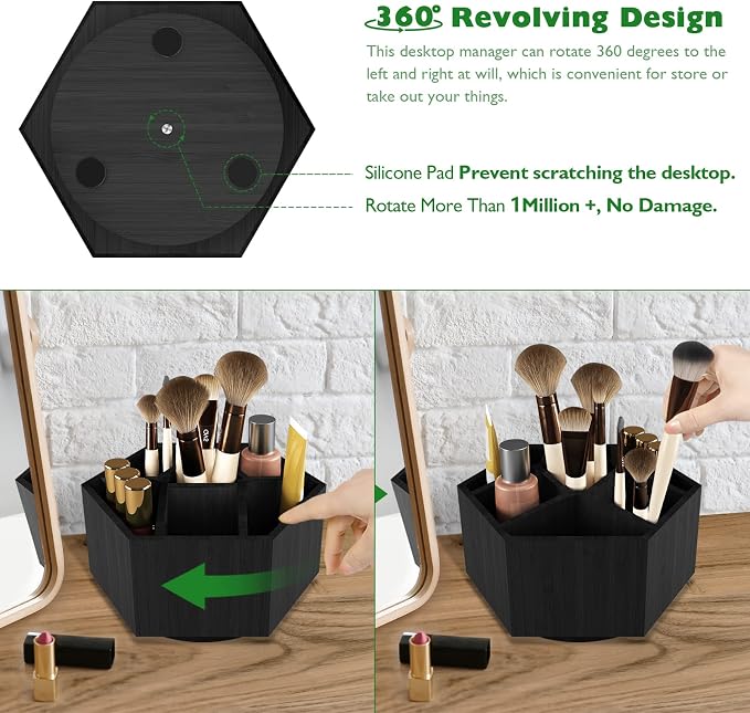 Colored Pen Pencil Holder Organizer for Desk with 7 Compartments | Bamboo Rotating Art Supply Organizer, Office Supplies Desktop Storage Caddy, Marker Holder Organizer Black - Image 6