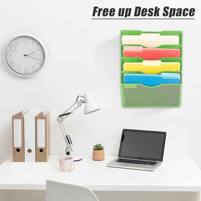 5 Pocket Mesh Hanging Wall File Organizer, Wall Mounted Mail Paper Document Folder Holder, Clipboard Storage Organization Magazine Rack with Nametag Label for Office Home School, Green - Image 7