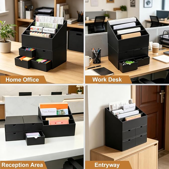2 Sets Desktop Mail Organizer with Drawers, 4-Compartment Stepped Mail Sorter and 2-Drawer Storage Box for Bills, Letters, Envelopes, Papers, Home Office, Reception, Entryway and Mailroom - Image 8