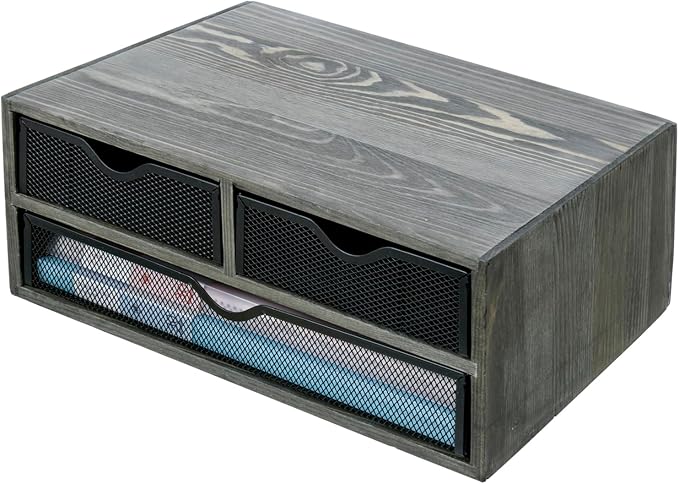 MyGift Vintage Weathered Gray Solid Wood Desktop Organizer Box with 3 Removable Black Metal Mesh Trays, Office Desk Supplies Storage Drawers for Accessories - Image 7