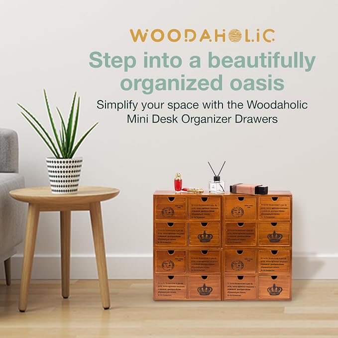 Modular Stackable Set of 4 Mahogany Brown Wood Storage Drawers for Desktop - 16-Drawer Stackable Desk Organizers - Vintage Style Office & Study Table Wooden Storage Boxes, Fully Assembled - Image 9