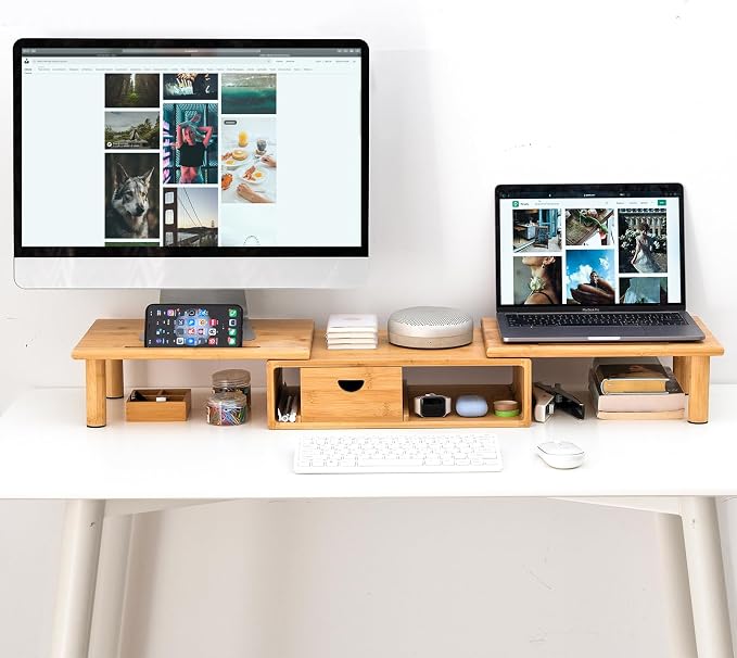 Dual Monitor Stand Riser with Drawer for Desk Laptop | Desk Shelf with Adjustable Length and Angle, Bamboo Computer Stand Riser for 2 or 3 Monitors Screen Laptop PC TV -Natural - Image 9