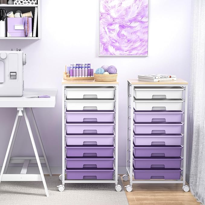 SYKIARIOL Rolling Cart with Drawers,8 Drawers Storage Cart,Purple | Craft Organizers and Storage with Wooden Tabletop for Living Room,Classroom,Bedroom,Bathroom,Dorm,Office - Image 9