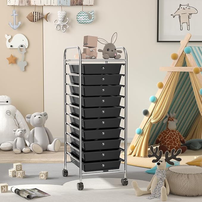 Storage Cart, Rolling Utility Cart with 10 Drawers, Portable Handles & Lockable Wheels, Mobile Paper Toys Storage Organizer Large Capacity for Home Office School Teacher (Black) - Image 9