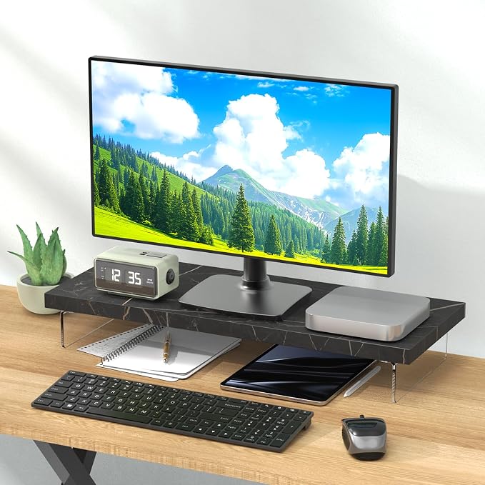 Dual Monitor Stand Riser, 40x10 in Wood & Acrylic Desktop Organizer Shelf | Computer Monitor Stand Riser With Wood & Acrylic Design; Fits 2 Monitors, Laptop, Printer And Desk Supplies For Office Use. - Image 7