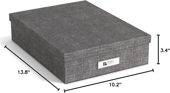 Bigso Oskar Canvas Fiberboard Document Letter Box for Important Paperwork A4 or Letter Size - Durable Keepsake Box with Lid and Metal Label Holder - 3.3in x 10.2in x 13.8in - Melange Grey - Image 8