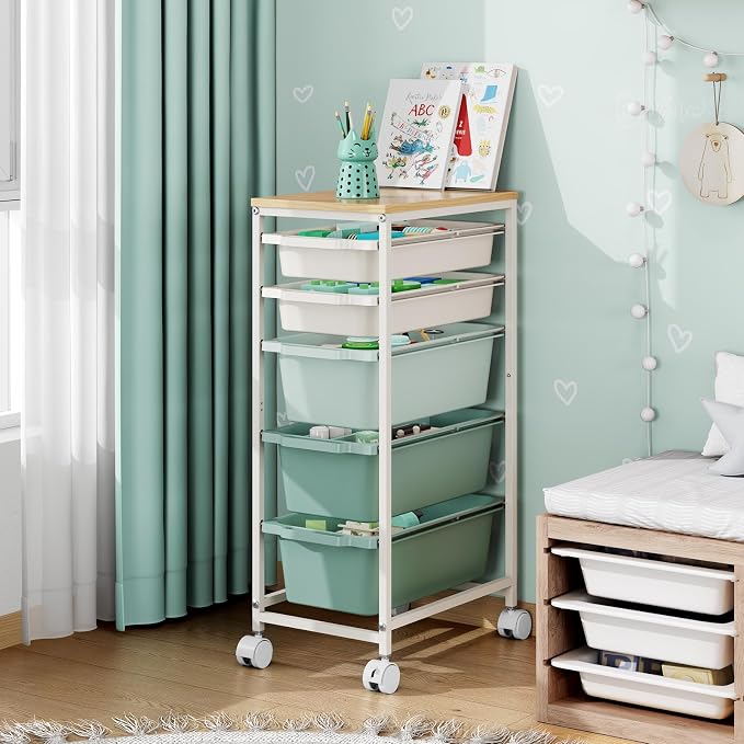 KINGBOARD Slim Rolling Cart with 5 Drawers, Metal Utility Storage Cart | Wooden Tabletop, Lockable Wheels, Table Side Trolley for Bedroom, Children's Room and Office Organization, Green - Image 9