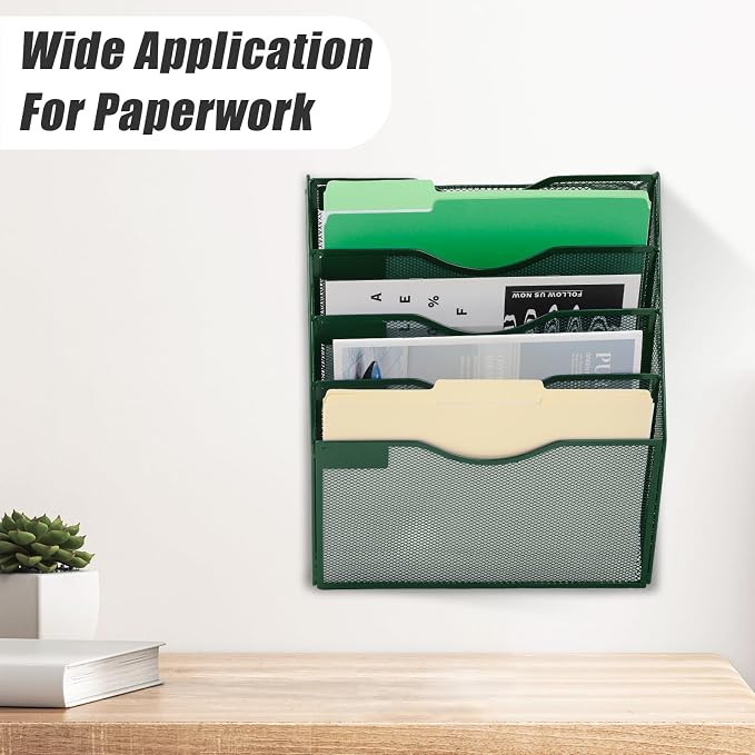 5 Pocket Mesh Hanging File Organizer, Wall Mounted Mail Paper Document Folder Holder, Clipboard Storage Organization Magazine Rack with Nametag Label for Office Home School, Dark Green - Image 7