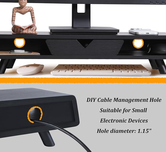 Homerays Monitor Stand with Drawer, Exquisite Computer Monitor Stand for Desk, Ergonomic Wood Monitor Stand Riser for Computer,Laptop,Printer,TV,Bamboo,Black - Image 7