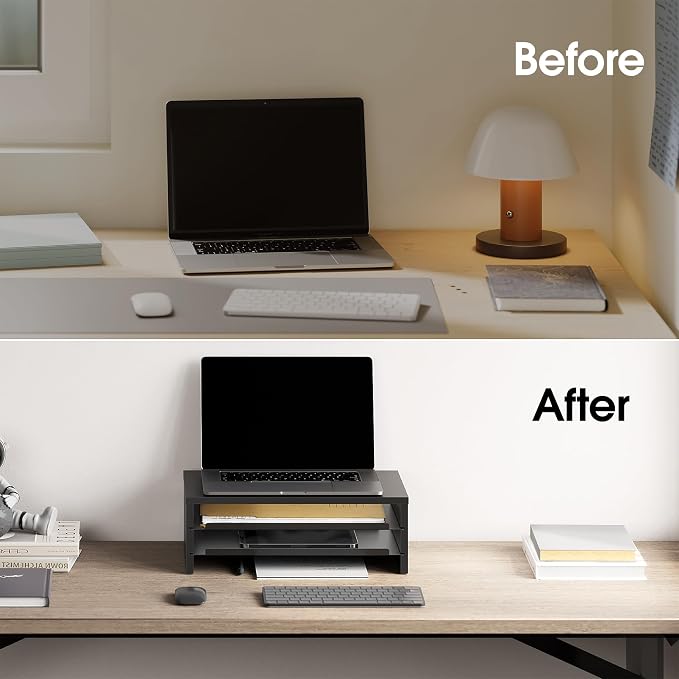 Fenge 14.3-Inch Monitor Stand with Slide-Out Trays, Wood & Metal Desk Shelf | 3-Tier Space-Saving Desk Storage Organizer, Fits Computer, Laptop, Printer and Telephone - Image 9