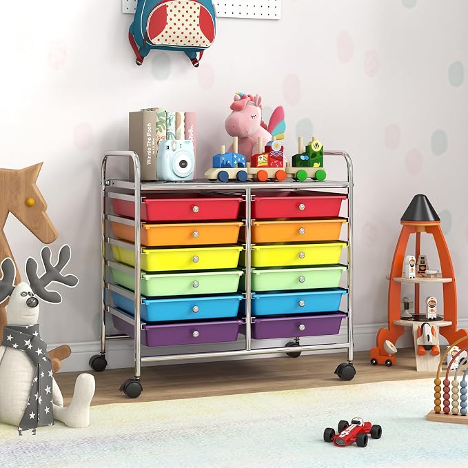GOFLAME 12-Drawer Rolling Storage Cart, Multifunctional Art Craft Organizer Cart, Mobile Utility Storage Cart with Removable Drawers & Lockable Wheels, Craft Cart for Home Office School, Multicolored - Image 9