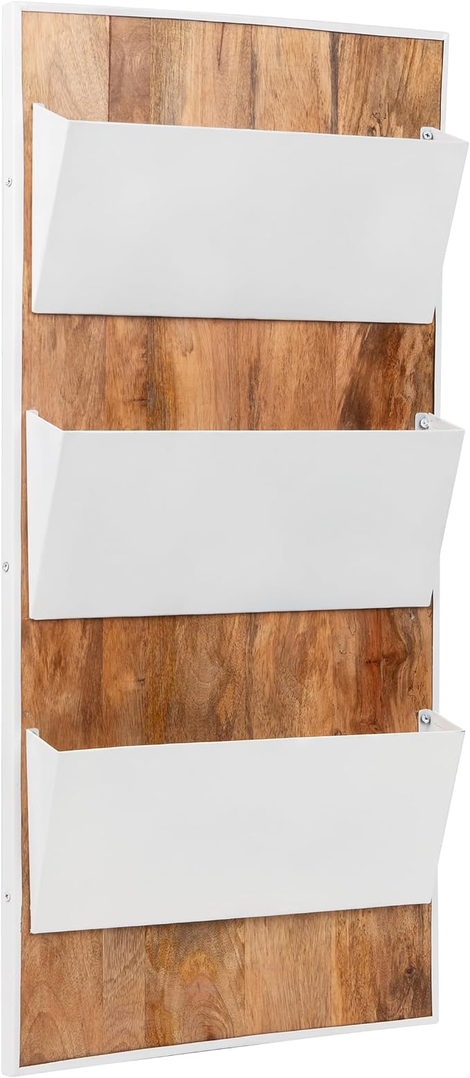 Mind Reader 3-Tier Wall-Mounted File Organizer, Wood and Metal Vertical Rack for Mail, Magazines, and Documents, Metal, Wood, White - Image 7