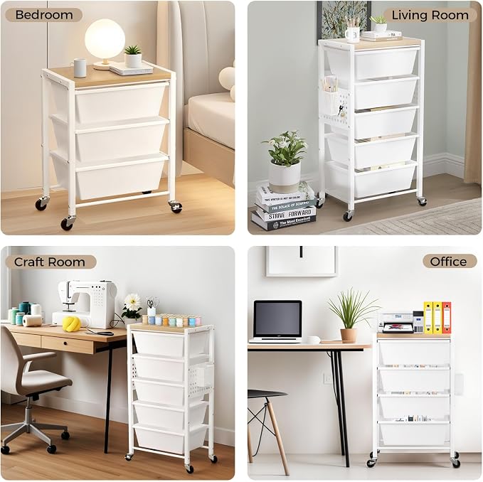 Rolling Cart with 3 Drawers, Plastic Drawer Storage Carts with Lockable Wheels & Wooden Tabletop, Metal Utility Cart Organizer, Office Bedroom Classroom Craft Organization and Storage, Bright White - Image 7