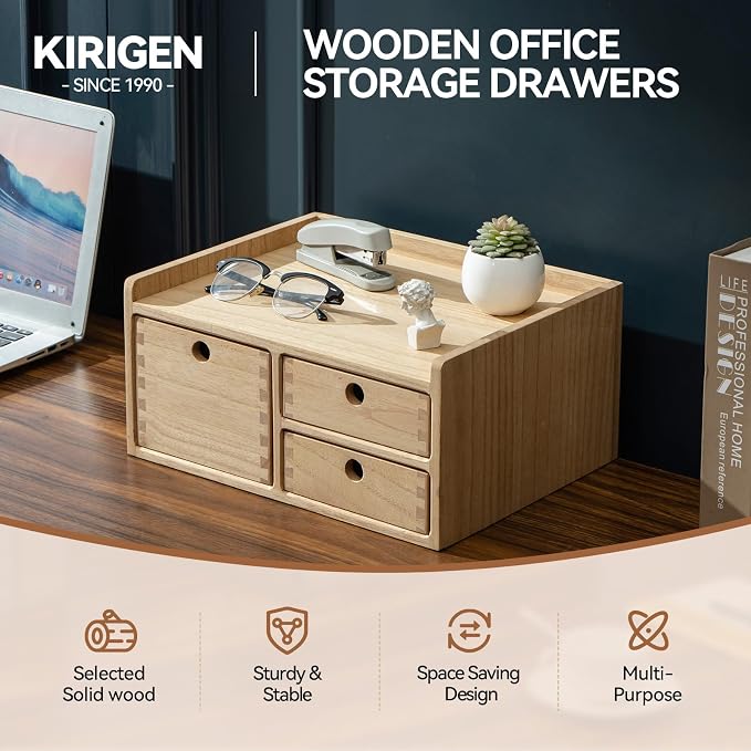 KIRIGEN Wooden Desk Organizer with 3 Drawers and Top Tray Natural DT1D3C-NA | 3-Drawer Cabinet with Top Tray Stores Office Supplies, Toiletries, Tools, Crafts, and Small Accessories on Desks or Counters - Image 7