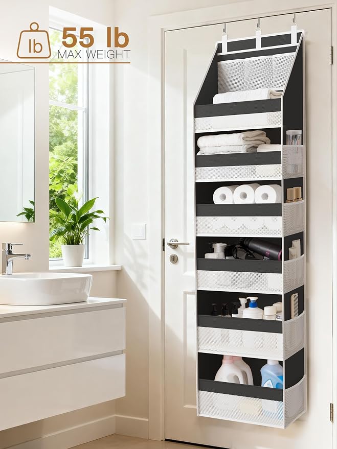Over the Door Organizer, Heavy-Duty 6-Shelf Hanging Storage with 13 Mesh Pockets, 55lbs Capacity Behind the Door Storage for Nursery, Bathroom, Bedroom, and Dorm, Black - Image 9