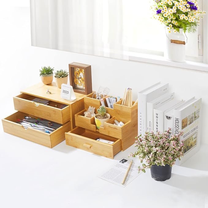 Charmewooden Bamboo Desk Organizer With Drawers Countertop Drawers Counter Storage Box Corner Desk Organizer for Home Office No Assembly Required (2 Drawers) - Image 7