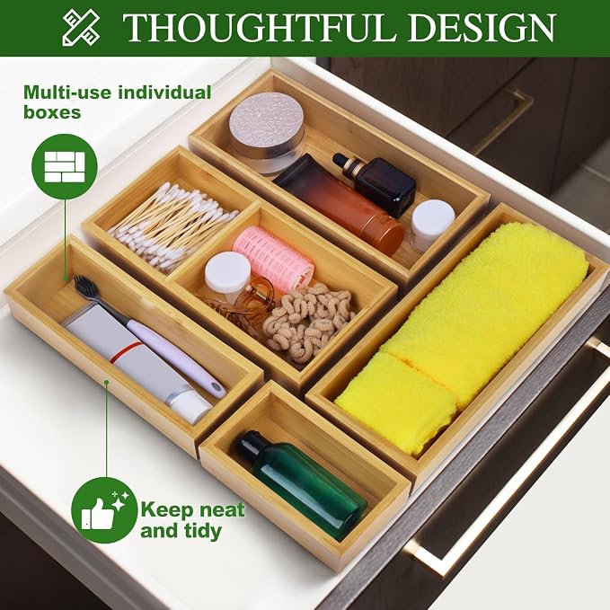 MapleGrace Bamboo Drawer Organizer Set, Individual Wood Storage Organizers | 5 PCS Multi-Use Junk Drawer Divider, Storage Trays Containers for Kitchen, Bathroom, Office Desk, Makeup, Jewelry, Utensils - Image 6