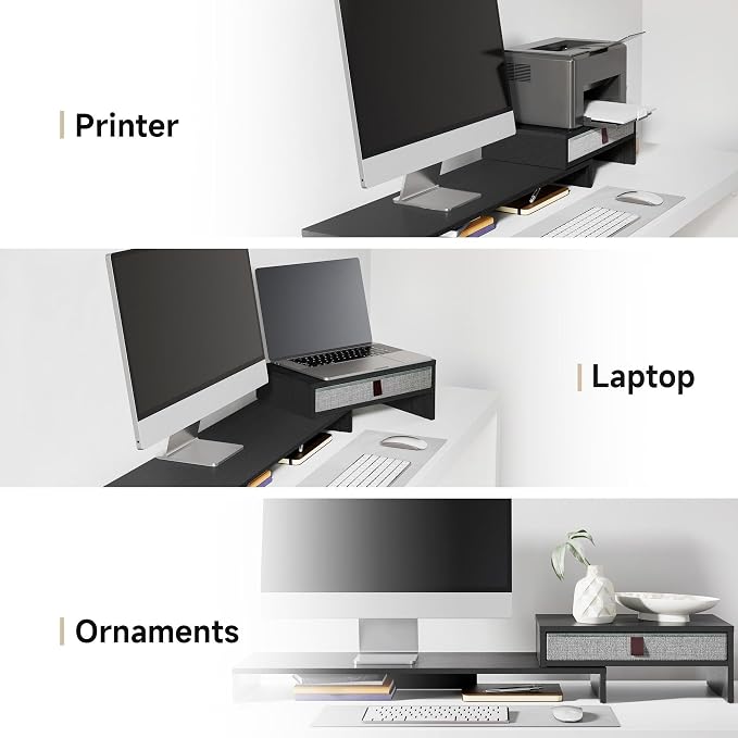 Fenge Triple Monitor Stand with Srorage Drawer, Adjustable Length and Angle | Computer Monitor Riser for 2 or 3 Monitors, Wooden Desktop Laptop Stand, Office Organizer for PC, Screen, Tablet, Black - Image 9