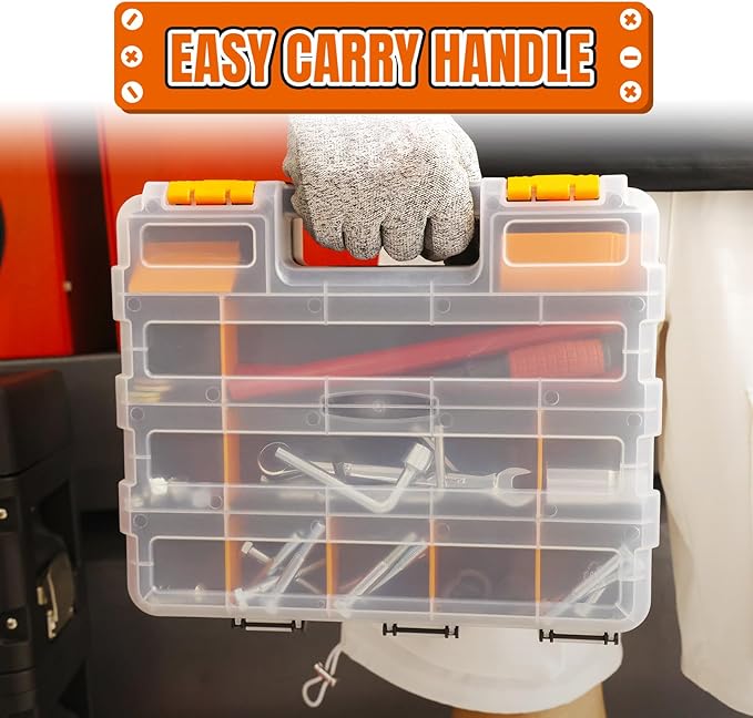 Jack Boss Tool Box with Transparent Lid, Double Side 34-Compartments Organizer Box with Removable Dividers for Hardware, Screws, Bolts, Nails, Beads, Jewelry and Fishing Accessories, Orange, 4 Pack - Image 7