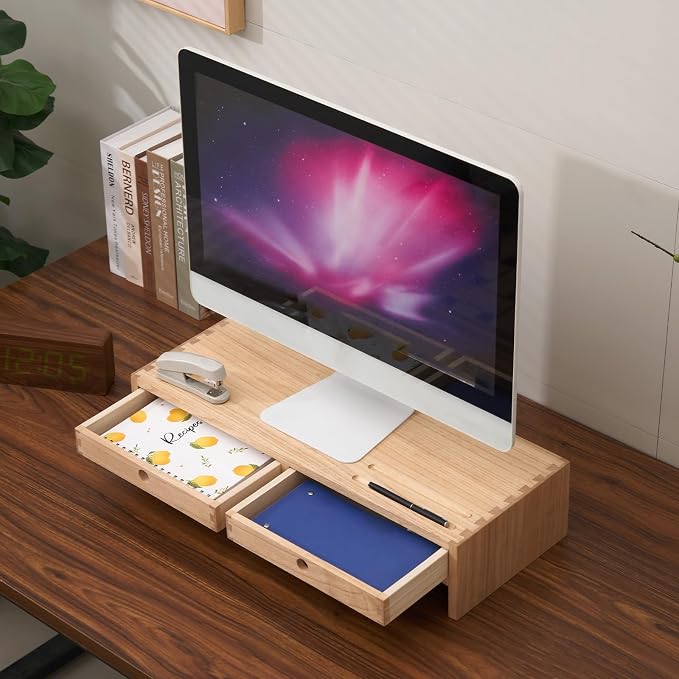 KIRIGEN Solid Wood Monitor Stand with 2 Drawers, Desk Riser, Natural PMJ-NA | Desktop Organizer with Cable Opening and Pen Slots Stores Office Supplies, Supports Up To 50 Lb and Arrives Fully Assembled. - Image 7