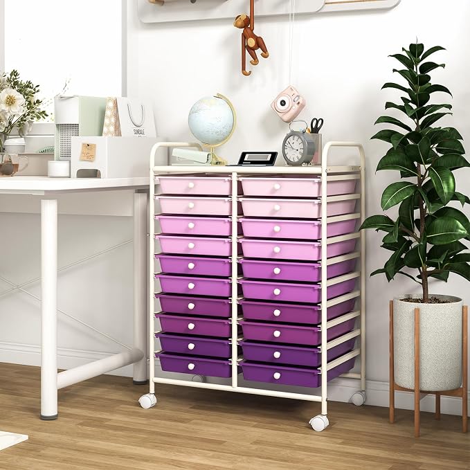GOFLAME 20-Drawer Rolling Storage Cart, Multifunctional Art Craft Organizer Cart, Mobile Utility Storage Cart with Removable Drawers & Lockable Wheels, Craft Cart for Home Office, Purple Gradient - Image 9