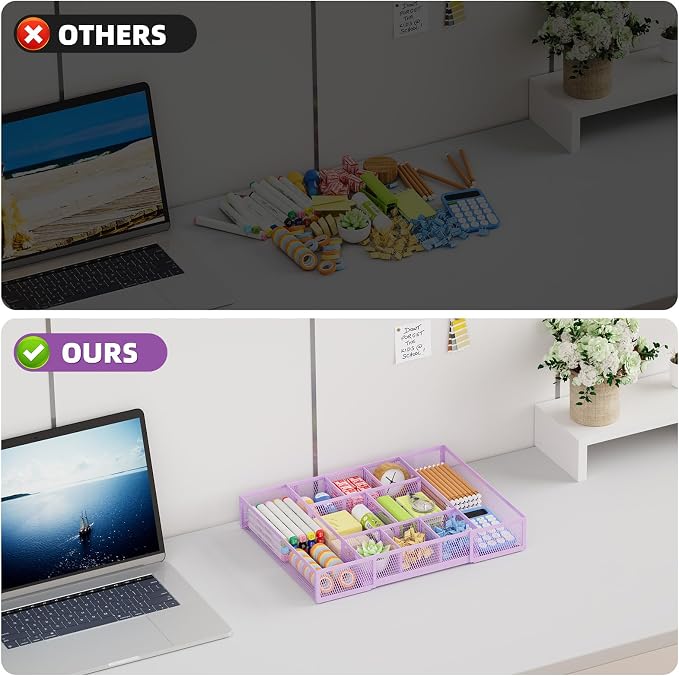 Marbrasse Expandable Desk Drawer Organizer, Mesh Drawer Organizer Tray with 10 Adjustable Compartments, Desk Organizers and Accessories for Office Supplies, Makeup & Vanity (Expandable-Purple) - Image 8