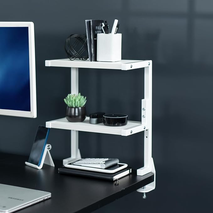 VIVO White Clamp-on 13 inch 2-Tier Desk Shelf, STAND-SHELF2CW | Above or Below Desk, 2 Level Shelving Unit for Table Accessories, Gaming Devices, and More, Storage Tray, Desktop Organizer - Image 9