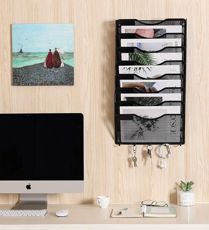 EasyPAG 8 Pocket Mesh Wall File Organizer with Key Hooks, Hanging Paper Folder Holder with Classify Label, Vertical Wall Mount Mail Organizer for Office Home Classroom, Black - Image 6
